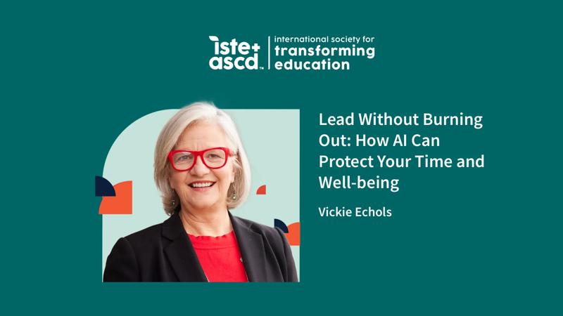 ISTE+ASCD author is a white woman with medium length grey hair wearing red glasses, a red top, and a black jacket against a dark green background.