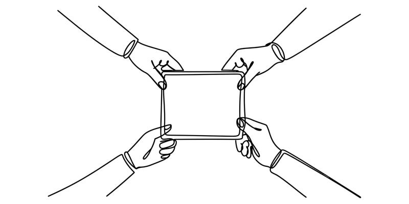 Illustration of four hands, each holding a corner of a rectangle.