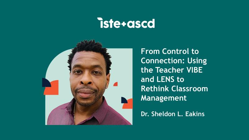 ISTE+ASCD author is an african american male with short dark brown hair and is wearing a purple shirt against a dark green background.