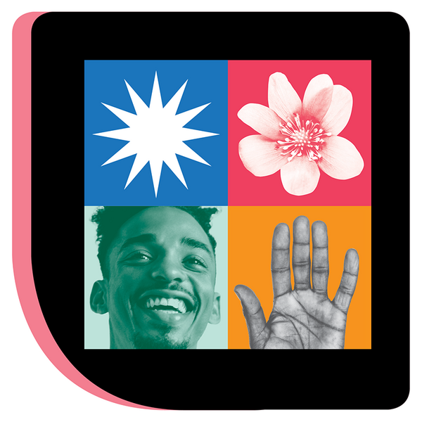 Image of 4 squares, with a white starburst on blue background, a pale pink flower on a bright pink background, a human hand with palm facing out on an orange background, and the face of smiling Black male on a green background.