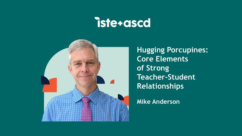 ISTE+ASCD author Mike Anderson. White male with short grey hair and is wearing a blue plaid dress shirt with a multi colored tie against a dark green background.