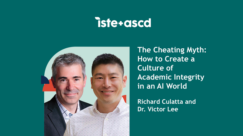 ISTE+ASCD CEO Richard Culatta has on a dark suit jacket with a white button down shirt and Dr. Victor Lee has short brown hair and is wearing a white button down shirt