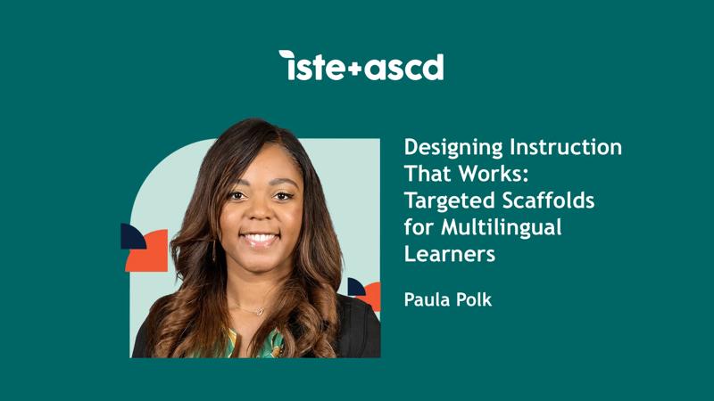 ISTE+ASCD author Paula Polk is an African American woman with long medium brown hair and is wearing a black jacket and multi print blouse against a dark green background.