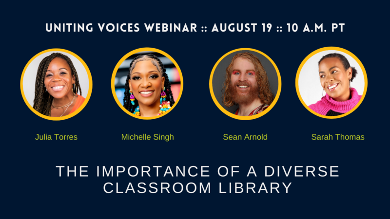 White text on navy blue background that reads Uniting Voices Webinar, The Importance of a Diverse Classroom Library, followed by the logo for ASCD+ISTE.