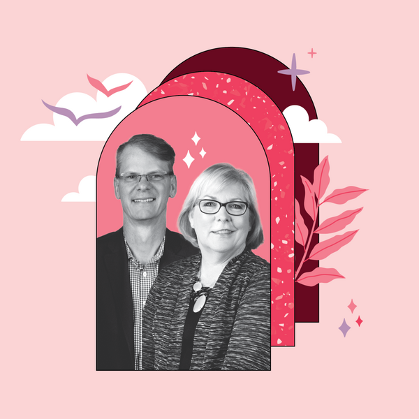 Image of Douglas Fisher and Nancy Frey on a pink graphic background. 
